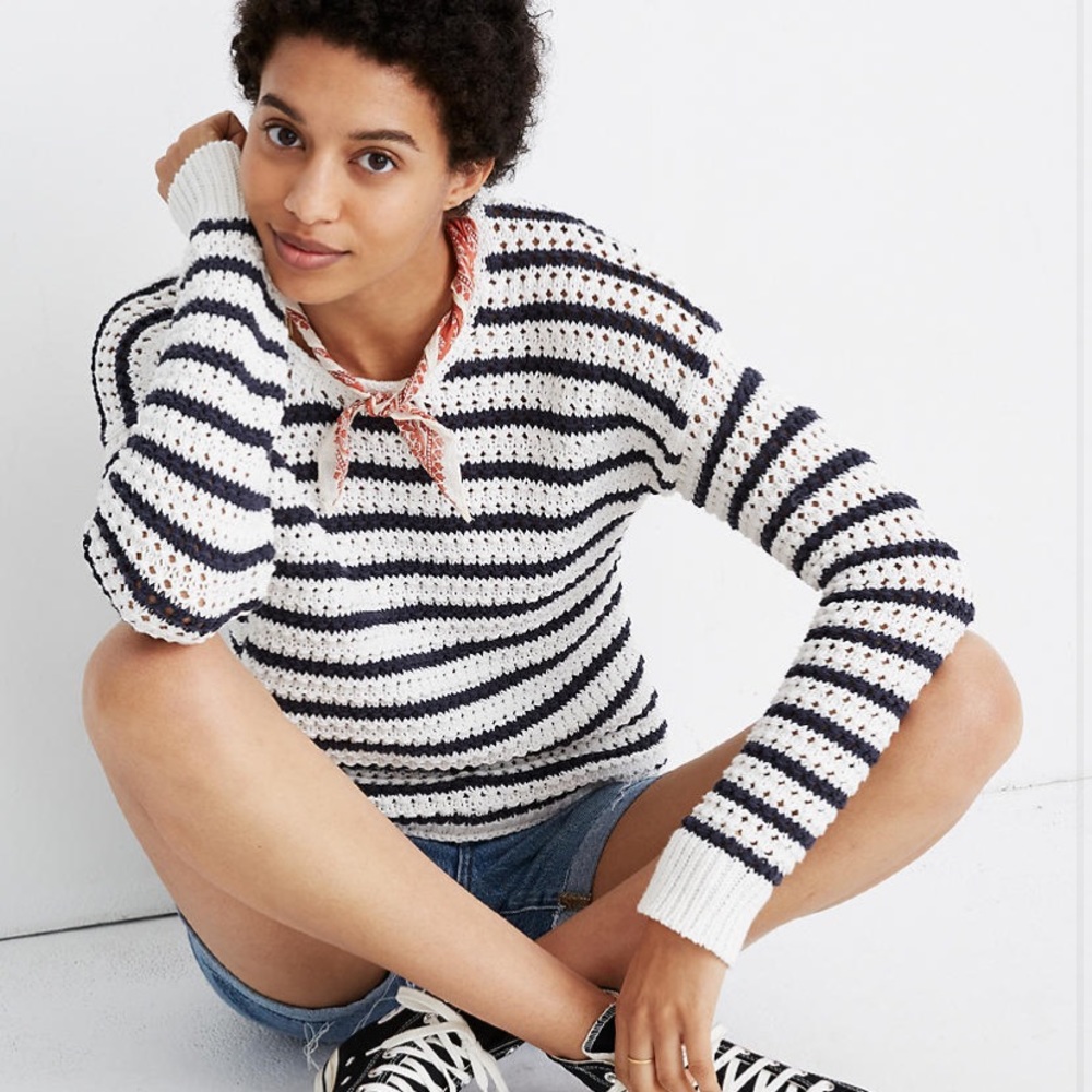 Striped Open-Stitch Austen Pullover Sweater